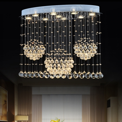 Elliptical Crystal Orb Ceiling Lamp Modernist 9 Lights Dining Room Flush-Mount Light Fixture in Stainless Steel