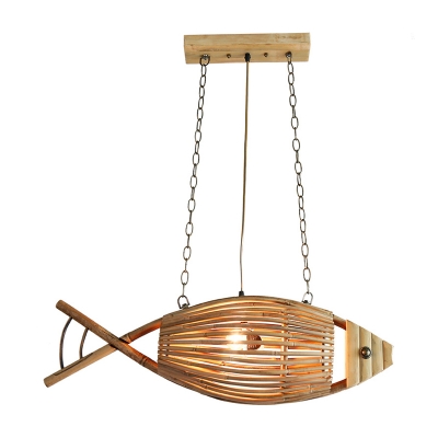 Fish Ceiling Chandelier Japanese Bamboo 2 Bulbs Beige Hanging Pendant Light with Adjustable Chain