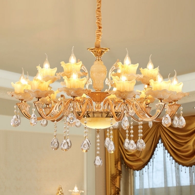 Frost Glass Round/Flower/Lotus Chandelier Traditional 10/12/18-Bulb Restaurant Ceiling Pendant Lamp in Gold