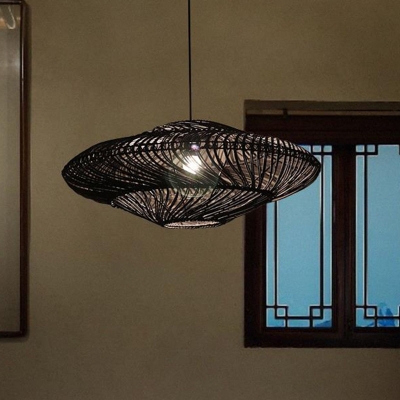Handwoven Rattan Saucer Pendant Light Rustic Single Black/Beige Hanging Lamp Kit, 20