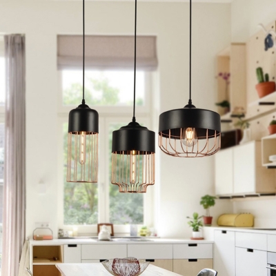 Iron Black and Rose Gold Pendant Canning Jar/Cylinder/Tube 1-Light Industrial Style Ceiling Suspension Lamp