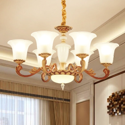 Ivory Frosted Glass Gold Chandelier 2/3/4-Tiered Flared 15/30/35 Heads Traditional Suspended Lighting Fixture