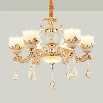 Jade Flower Chandelier Lamp Vintage 1/2/15-Light Living Room Wall Mounted Light with Crystal Drop in Gold