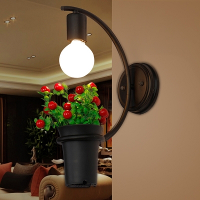 Metal Curve Wall Light Fixture Lodge 1-Light Corridor Wall Lamp in Black with Artificial Pot Plant