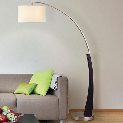 Minimalist Drum Floor Lighting Fabric 1-Light Living Room Reading Floor Lamp with Arc Arm in Black