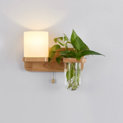 Nordic Bucket/Globe Wall Lighting Frosted White Glass Single Bedside Left/Right Pull Chain Sconce with Wooden Bracket