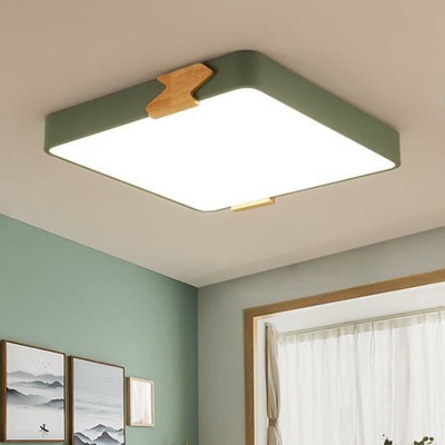 Nordic Square/Rectangle LED Ceiling Fixture Metal Bedroom Small/Large Flush Mount Light with Wood Deco, White/Green