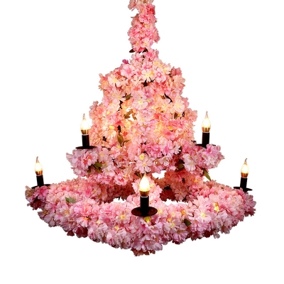 Pink Cherry Candle Style Chandelier Lodge Iron 9-Head Restaurant Suspension Lighting