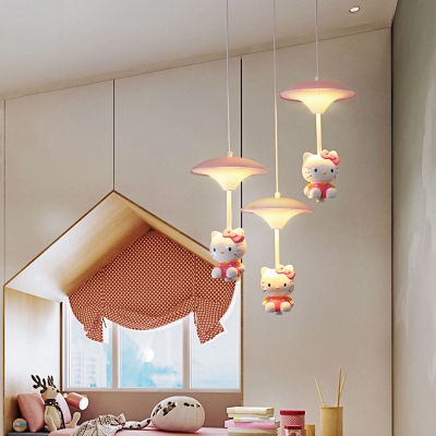 Pink Kitty/Unicorn Pendulum Light Cartoon 1/3-Head Resin LED Hanging Pendant Lamp with Umbrella Top