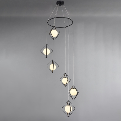 Postmodern Diamond Shaped Pendant Light Milk Ball Glass 5/8/14-Head Living Room Multiple Hanging Lamp in Black/Gold