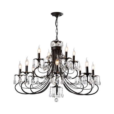 Retro Candlestick Chandelier 6/8/12 Heads Iron Hanging Lamp in Black with Crystal Decoration