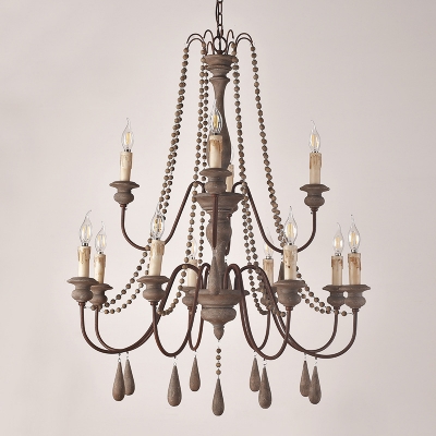 Rustic 1/2-Tiered Candlestick Chandelier 6/8/12 Heads Wood Pendant Lighting with Beaded Decor in Distressed White