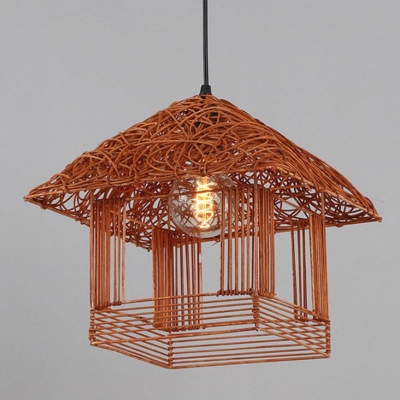 Small/Large Rustic Single Hanging Light Wood/Coffee/Orange House Suspension Lighting with Rattan Shade