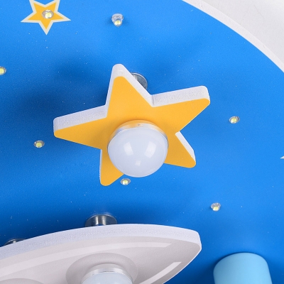 Starry Night Rocket Ceiling Light Kids Wood 8-Head Childrens Bedroom Flush Mount in Blue