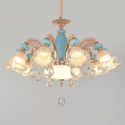 Traditional Ruffled Hanging Light Kit 6/8/12-Head Clear and Frosted Glass Chandelier in Blue and Gold
