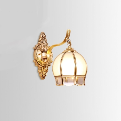 White and Tan Glass Dome Wall Light Traditional 1/2-Bulb Bedroom Wall Sconce in Gold