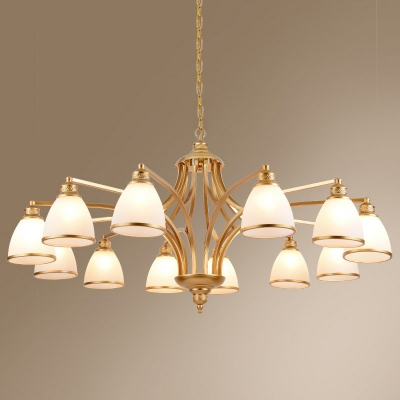 White Glass Bell Chandelier Light Vintage 12-Head Restaurant Hanging Pendant in Black/Gold