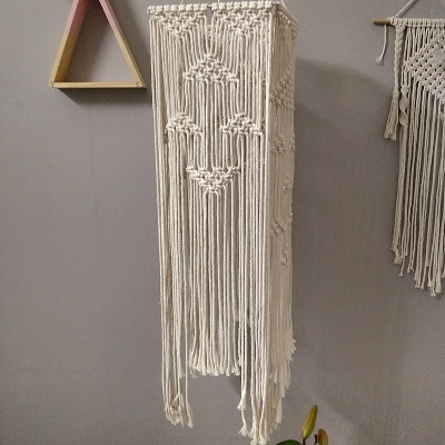 White Tassel Fringe Square Drop Pendant Boho Hand-Wrapped Rope 1 Bulb Girls Bedroom Ceiling Light