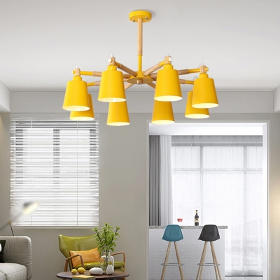 Yellow/Grey/Green Conic Ceiling Hang Light Macaron 8 Lights Metal Chandelier Lamp with Wooden Arm