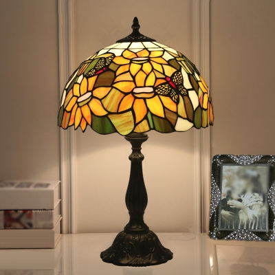 Yellow Sunflower and Butterfly Night Lamp Tiffany 1 Bulb Stained Art Glass Table Light