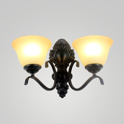 1/2-Head Wall Sconce Light Retro Bedroom Wall Lamp with Carillon/Bell Frosted Glass Shade in Black