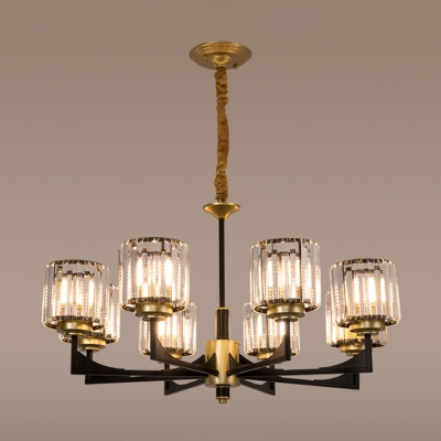 1/2-Tiered Cylindrical Crystal Pendant Modern 4/8/12 Heads Living Room Chandelier in Black and Brass