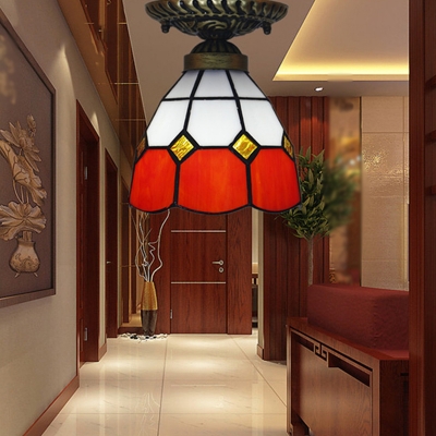 1-Light Bell Mini Flush Mount Light Mediterranean Pink/Red/Orange Grid Glass Semi Flush Ceiling Light for Foyer