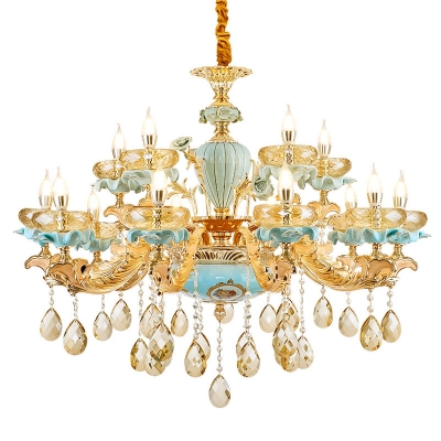 3/10/15-Bulb Ceramics Chandelier Vintage Blue and Gold Candlestick Living Room Hanging Light with K9 Crystal Drop
