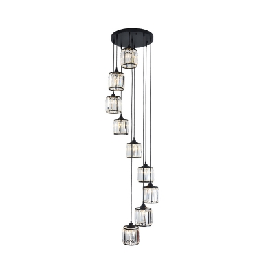 3/6/9 Heads Cluster Pendant Light Modern Stairs Hanging Lamp with Cylinder Crystal Shade in Black