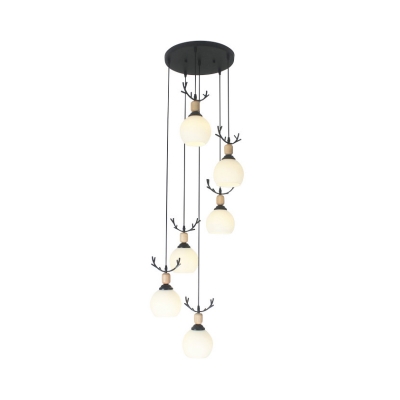 6/9-Head Hall Multi Ceiling Light Nordic Black Pendant Lamp with Dome Frosted White Glass Shade