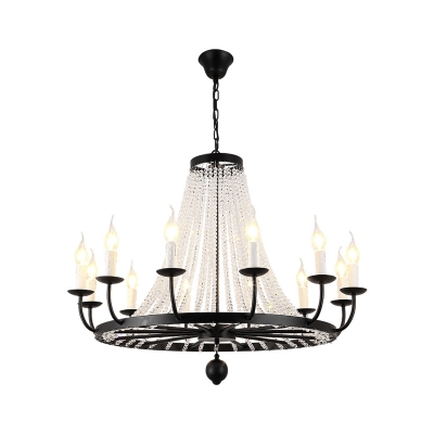 8/10/12 Lights Candle Ceiling Pendant Rustic Black Iron Chandelier with Beaded Crystal Decor