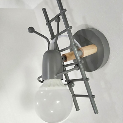 Art Deco Little Ladder Man Wall Light Iron 1 Head Dining Room Sconce Lamp in Grey/White/Black with Open Bulb Design