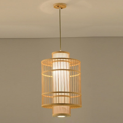 Bamboo Diamond/Cylinder/Round Drop Pendant Asia Single-Bulb Wood Suspension Light for Dining Room