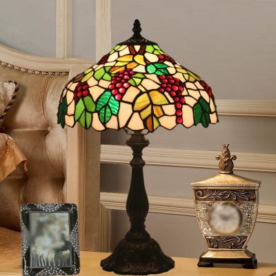 Barn Shaped Night Table Light 1 Head Stained Glass Tiffany Nightstand Lamp with Grape and Leaf Pattern in Green