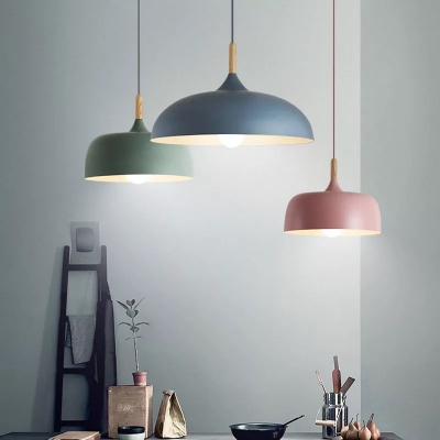 Bowl/Drum Small/Large Ceiling Pendant Macaron Metal 1 Head Pink/Blue/Green Suspension Light with Wood Tip for Dining Room