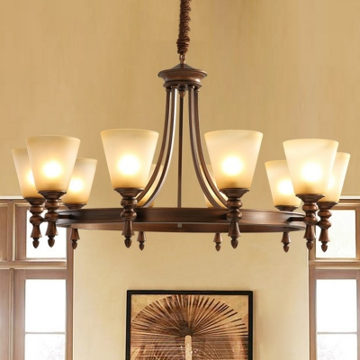 Coffee 4/6/8-Head Up Chandelier Rustic Beige Glass Conical Suspension Pendant Light for Dining Room