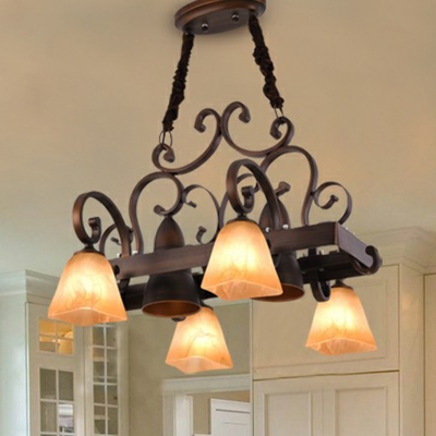 Copper 6/8 Lights Hanging Lamp Kit Rustic Beige Glass Square Bell Chandelier with Decorative Floral Swirl