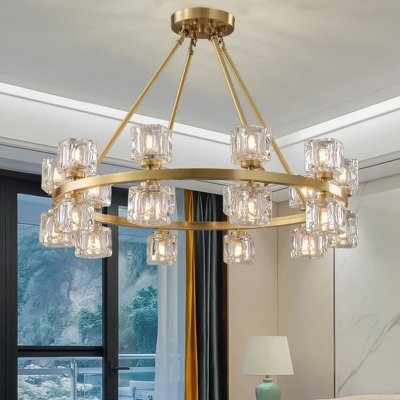 Crystal Ice Cube Hanging Pendant Post-Modern Style 6/12/28 Lights Bedroom Chandelier in Gold