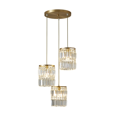 Cylinder Cluster Pendant Light Modern Crystal Prism 3 Bulbs Brass Ceiling Hang Lamp with Round/Linear Canopy