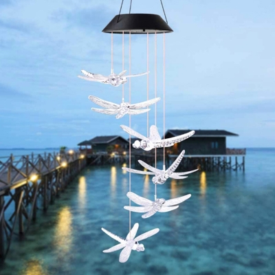 Dragonfly/Moon/Butterfly Solar Hanging Light Cartoon Plastic Patio LED Pendant Lamp in White/Clear/Dark Blue