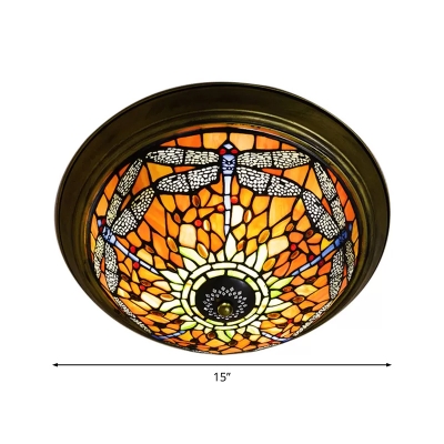 Dragonfly Pattern Flush Mount Ceiling Light with Tiffany Colorful Glass Shade, 2 Sizes
