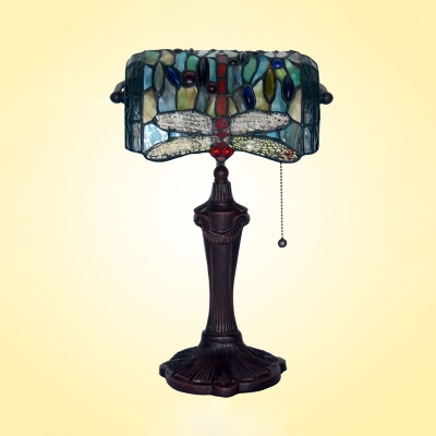 Dragonfly Patterned Stained Glass Banker Light Tiffany 1 Bulb Blue Adjustable Table Lamp with Pull-Cord Switch