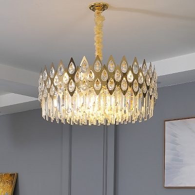 Drum/Ellipse Shaped Hanging Lamp Postmodern Prismatic Crystal 12/15/18-Light Dining Room Chandelier in Gold, Medium/Large