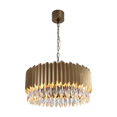 Drum Living Room Ceiling Pendant Modern Crystal Teardrop Black/Gold LED Chandelier Light, 23.5