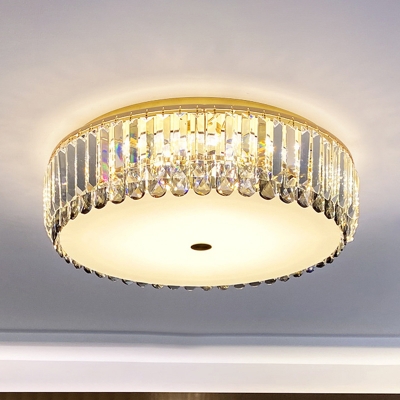 Drum-Shape LED Ceiling Lighting Modern Clear Crystal Gold Finish Flush Mount for Living Room, 15