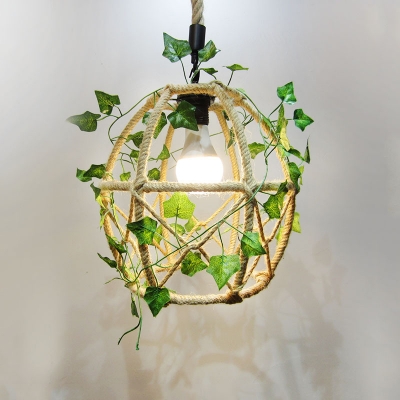 Elliptical Bistro Ceiling Hang Light Farmhouse Rope 1 Bulb Beige Drop Pendant with Decorative Ivy