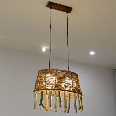 Hand-Twist Oval Rattan Drop Pendant Rustic 2 Heads Wood Ceiling Hang Light with/without Rod Fringe