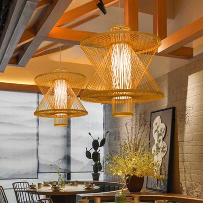 Hourglass Bamboo Hanging Light Fixture Asian 1-Light Wood Down Lighting Pendant for Dining Room