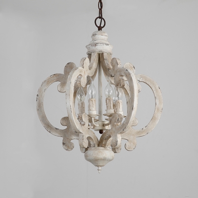 Lantern Dining Room Pendant Chandelier Rustic Wooden 6-Light Distressed White Ceiling Hang Lamp