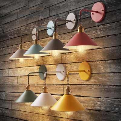 Metal Conical Wall Hanging Light Macaron 1 Head Pink/Grey/White Wall Mounted Lighting with Rotary Switch